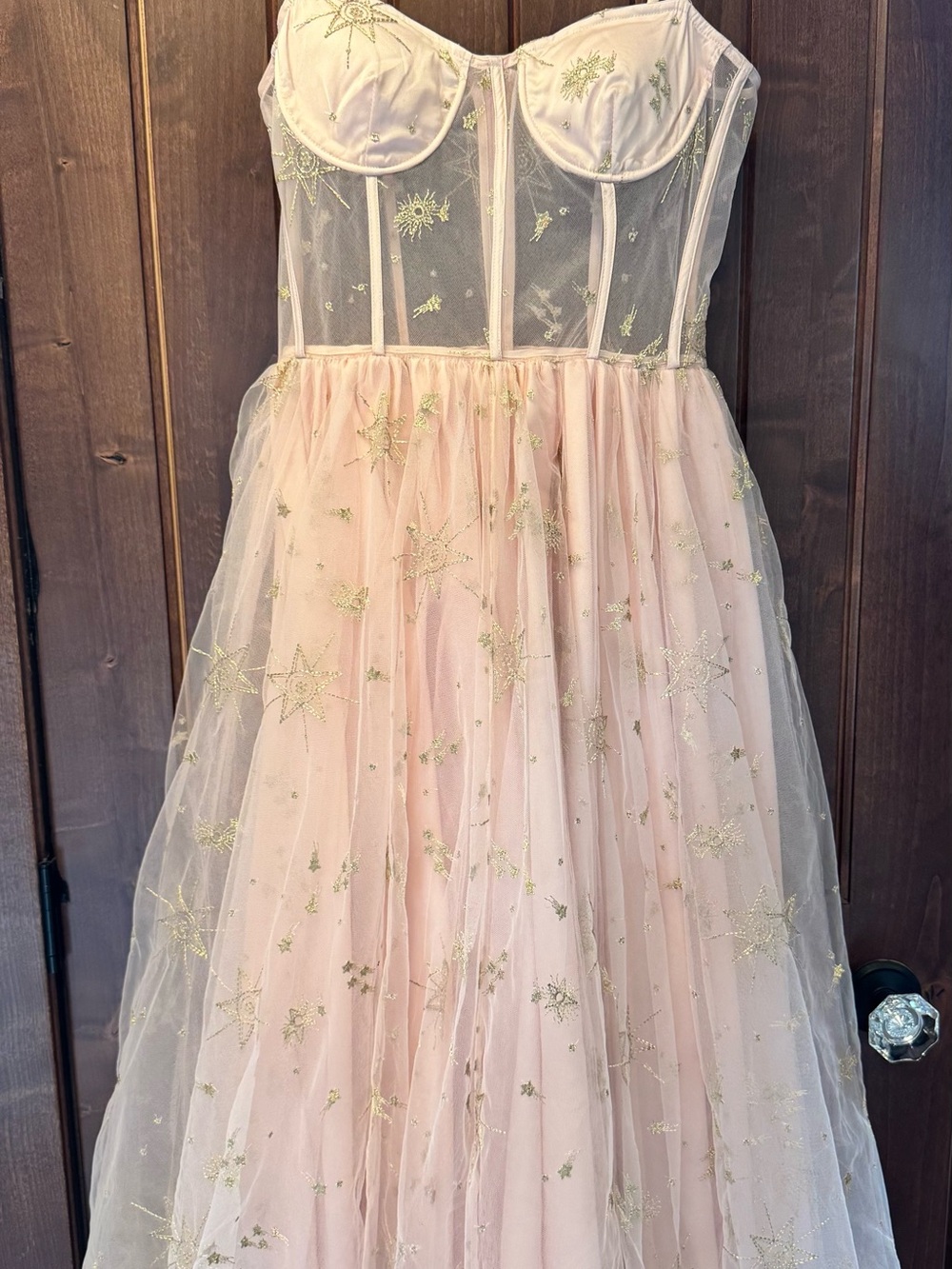 Lurelly Pink Tulle Midi Dress with Gold Star Embroidery